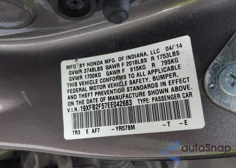 2014 Honda Civic Lx from USA, damaged, VIN 19XFB2F57EE042683